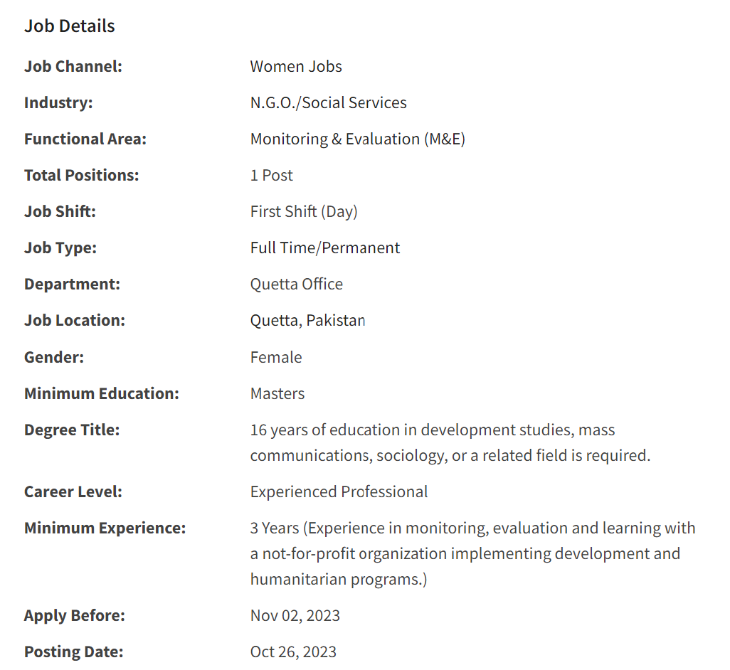 Female MEAL Officer Job at INGO 2023