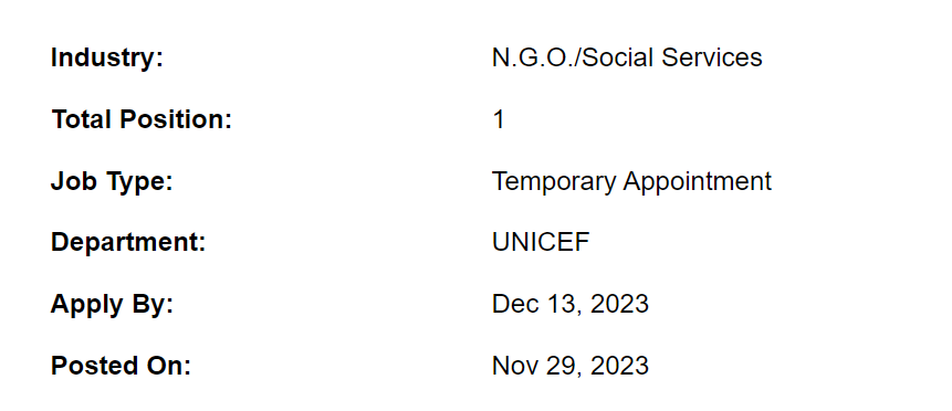 UNICEF need Nutrition Specialist Jobs 2023