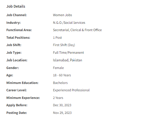 Receptionist need by INGO for Islamabad Office Jobs 2023