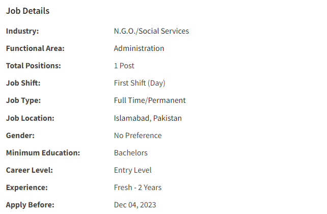 NGO required Administration Assistant 2023