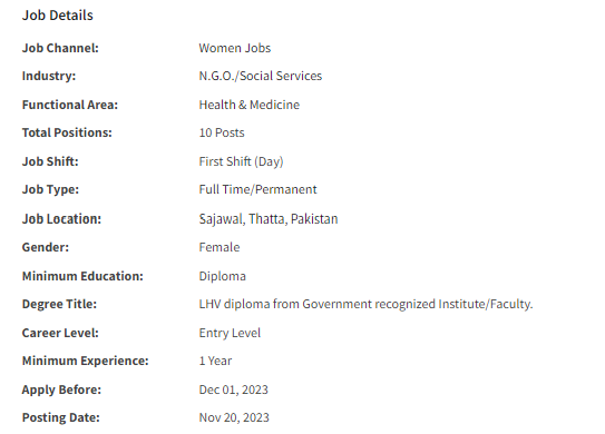 INGO need Lady Health Visitor - LHV for mutiple cities Jobs 2023