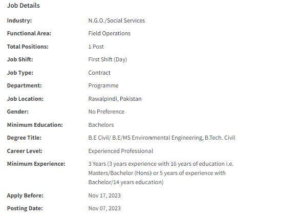 Islamic Relief International need Project Engineer Jobs 2023