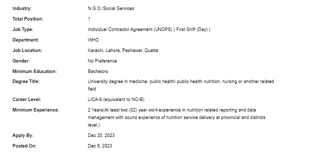 UN-WHO need Nutrition Officer for multiple cities Jobs 2023