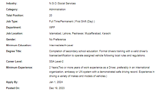 UN-WFP need Driver total 20 position for multiple cities Jobs 2023