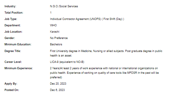 UN-WHO need Quality of Care Officer Jobs 2023