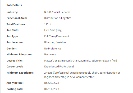 Logistics Officer need by INGO Jobs 2023