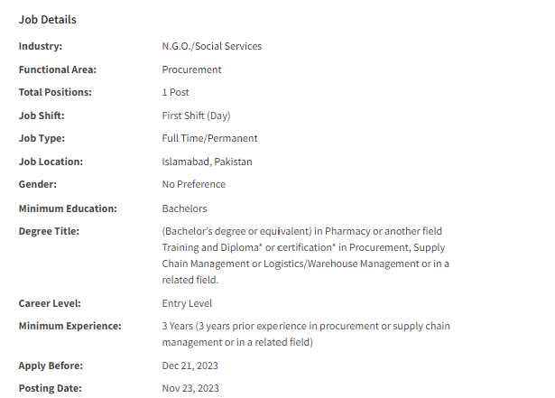 Procurement / Supply Chain Assistant need by NGO Nai Zindagi Jobs 2023