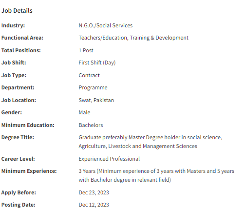 Training Officer need by INGO Islamic Relief International Jobs 2023