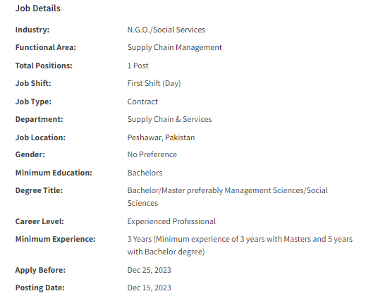 Supply Chain & Services Officer need by INGO Jobs 2023