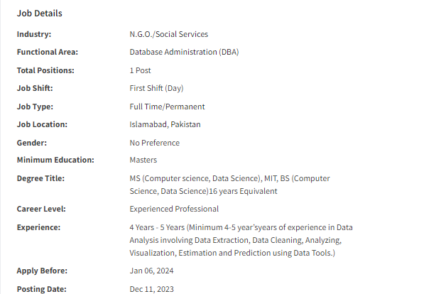 Database Administrator / Analyst need by NGO Nai Zindagi Jobs 2023-2024