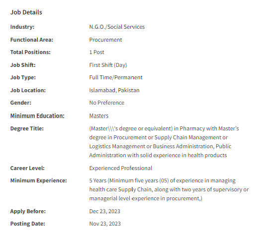 Procurement & Supply Chain Manager need by NGO Nai Zindagi Jobs 2023