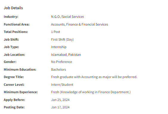 Finance Intern need by NGO for Islamabad office Jobs 2024
