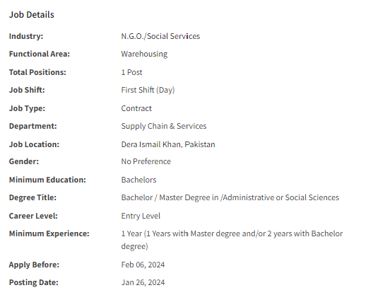 Assistant Warehouse Officer need by NGO Jobs 2024