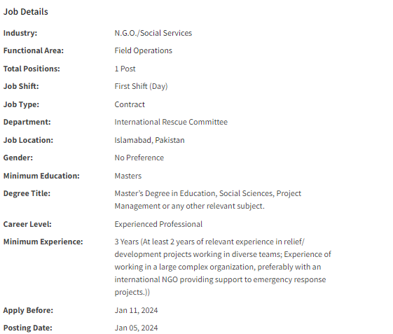 IRC International INGO need Senior Program Officer Jobs 2024