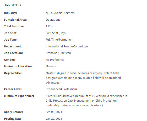 IRC International INGO need Child Protection Case Management Supervisor Jobs 2024