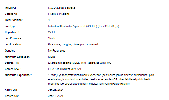 UN-WHO need Disease Surveillance Officer for multiple cities Jobs 2024