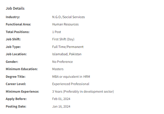 HR Officer need by NGO for Islamabad office Jobs 2024