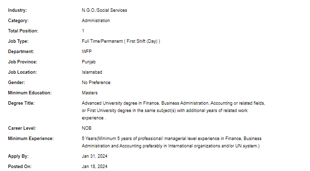 UN-WFP need Finance Officer Jobs 2024