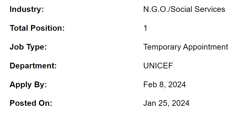 Nutrition Officer need by UNICEF Jobs 2024