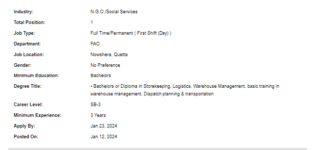 UN-FAO need Warehouse Assistant for multiple cities Jobs 2024