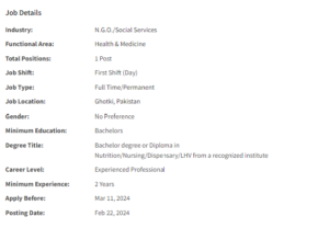 Nutrition Assistant need by NGO Jobs 2024