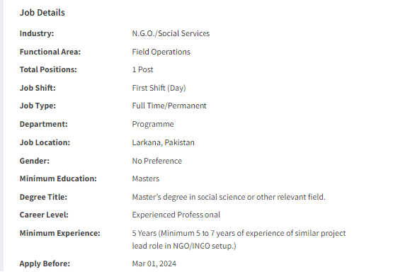 Senior Project Officer need by INGO Islamic Relief International Jobs 2024