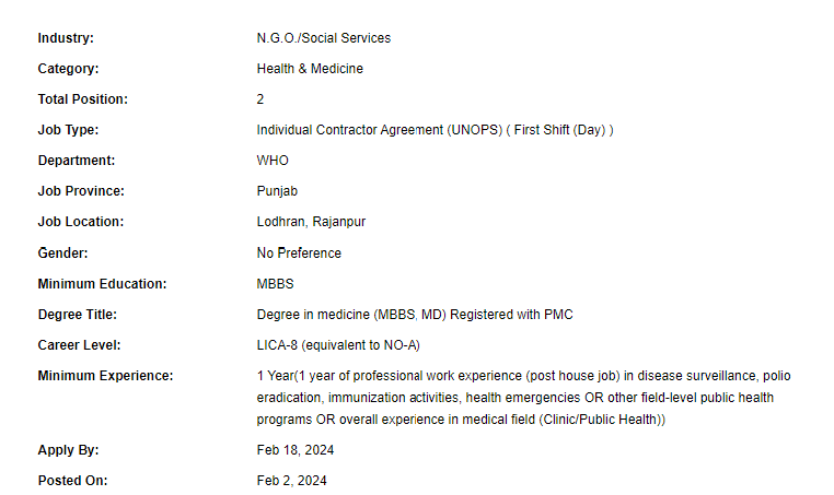 Disease Surveillance Officer need by UN-WHO for multiple cities Jobs 2024