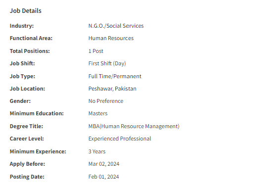 HR Officer need by NGO for Peshawar Jobs 2024