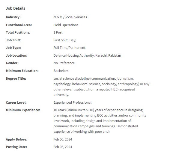 Senior Specialist - Behaviour Change Communication need by NGO Sindh Social Protection Authority Jobs 2024