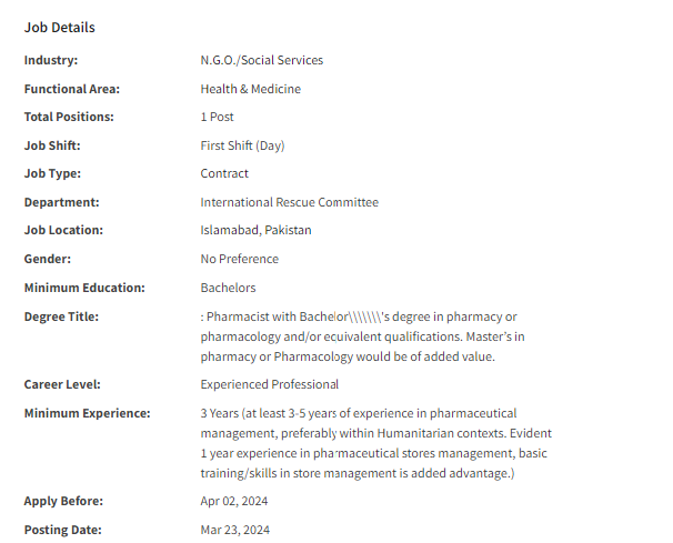 IRC International INGO need Country Pharmacist Jobs 2024