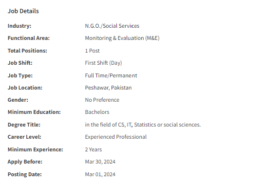 Data Assistant need by NGO for Peshawar office Jobs 2024