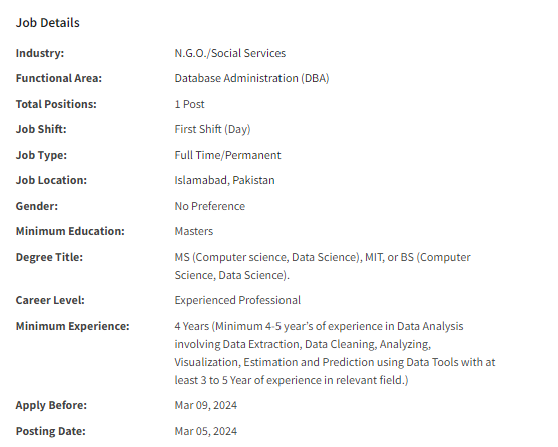 Database Administrator need by NGO Nai Zindagi Jobs 2024