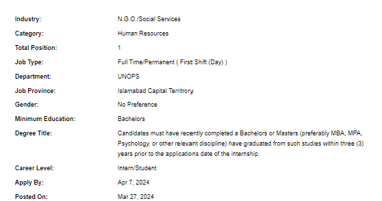 Human Resources Intern required by UNOPS Jobs 2024