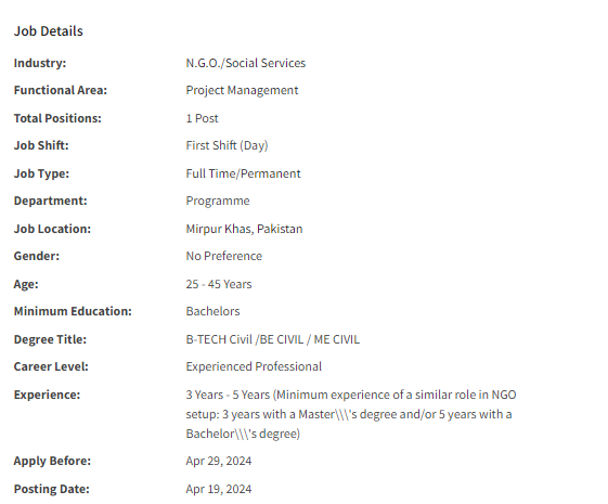 Project Officer need by INGO Islamic Relief International Jobs 2024