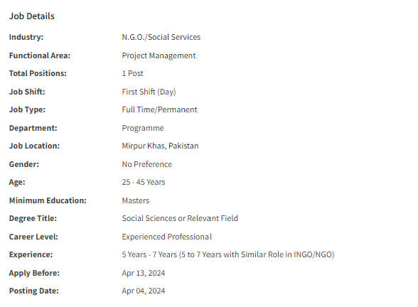 Senior Project Officer need by INGO Islamic Relief International Jobs 2024