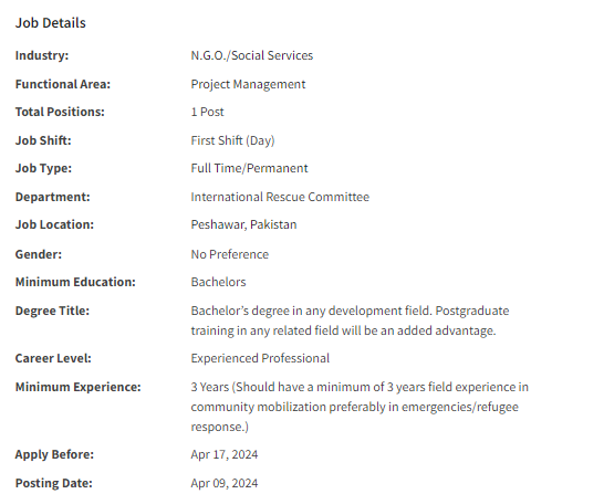 Community Mobilizer need by INGO IRC International Jobs 2024