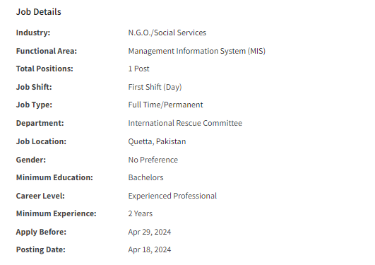 IRC International INGO need MIS Officer Jobs 2024
