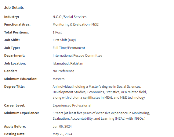 MEAL Manager need by INGO IRC International Jobs 2024