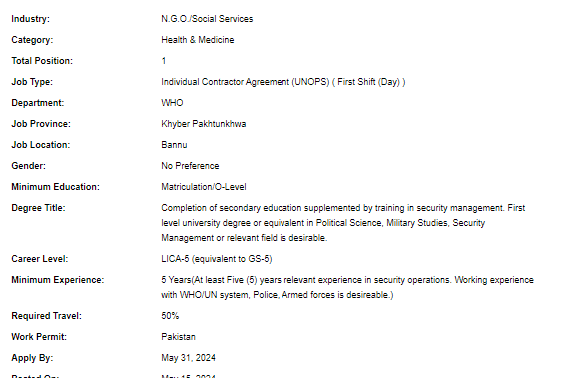 Security Assistant need by UN-WHO Jobs 2024
