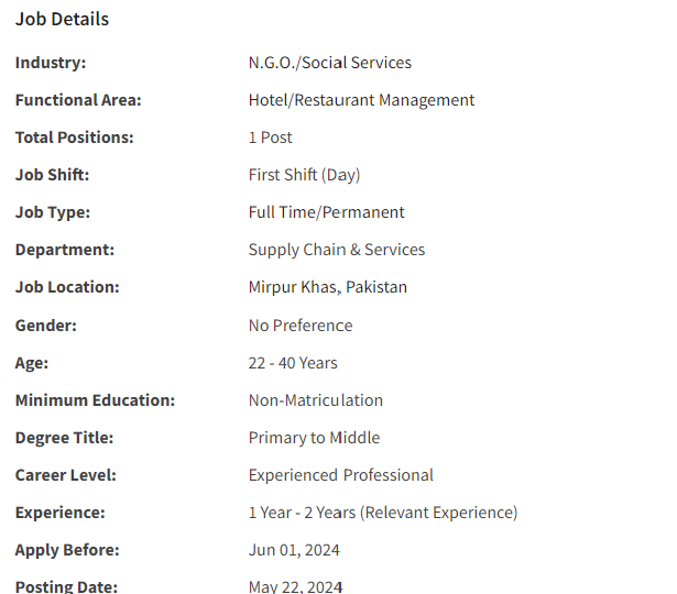 Assistant Cook need by INGO Islamic Relief International Jobs 2024
