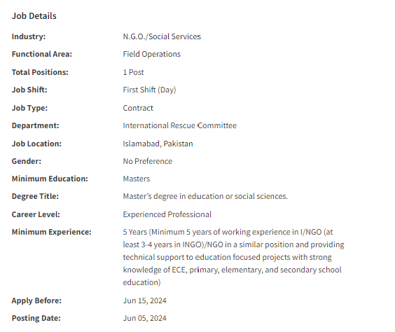 Education Manager need by IRC International INGO Jobs 2024