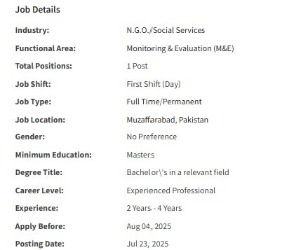 MEAL Officer need by NGO Jobs 2025