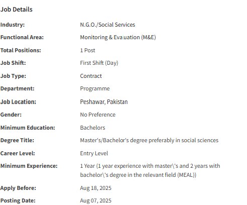 Assistant MEAL Officer need by INGO for Peshawar Jobs 2025