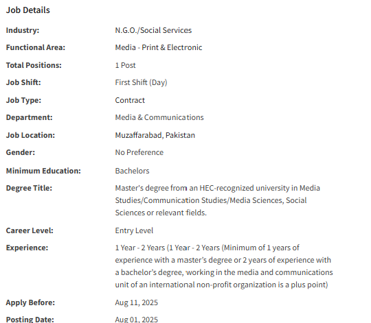 Assistant Media / Communications Officer need by INGO Islamic Relief Jobs 2025