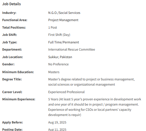 Senior Program Officer need by INGO IRC International Jobs 2025